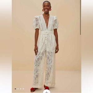NEW FARM RIO EYELET PALM TREE CREAM JUMPSUIT, XS